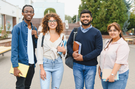 Diverse university students smiling, holding books and backpacks, representing education and multicultural friendship outdoorsの写真素材