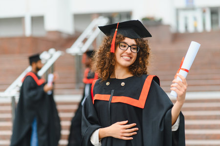 Smiling female graduate student in cap and gown holding a scroll diploma, celebrating university successの写真素材