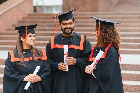 Three happy diverse graduates wearing caps and gowns, holding their diplomas, celebrating university achievement and future successの写真素材