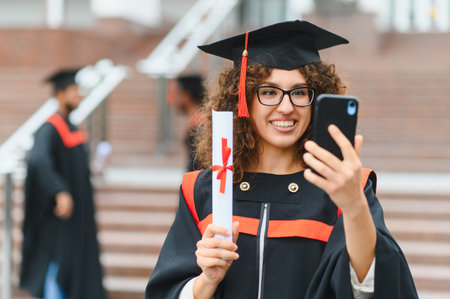 Graduating female student wearing cap and gown, holding her diploma, and smiling while filming herselfの写真素材