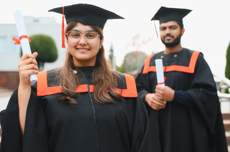 Indian university graduates wearing academic gowns and caps, holding diplomas and celebrating their achievementの写真素材