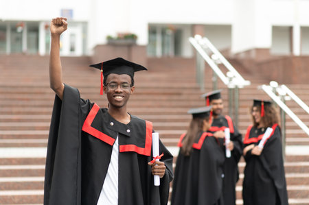 Smiling young male graduate holding diploma, raising a fist, celebrating success on campus with fellow studentsの写真素材