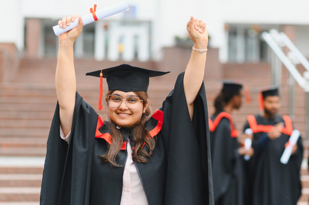 Happy Indian student wearing graduation gown and cap, holding diploma and raising hands, celebrating academic achievementの写真素材