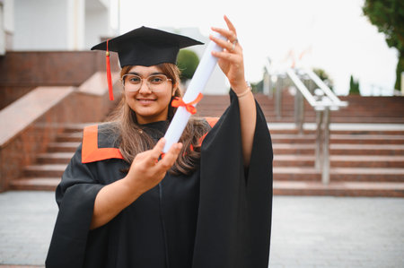 Indian university graduate woman proudly displaying her diploma, celebrating academic success and a achieving a milestoneの写真素材