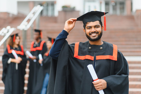 Smiling Indian student celebrating success, wearing graduation cap and gown, holding diploma with other graduates in backgroundの写真素材