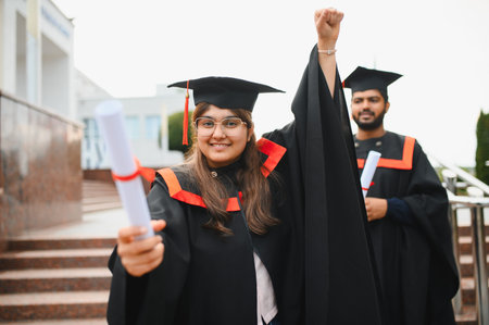 Indian university graduates in cap and gown holding diplomas, feeling proud and celebrating their academic milestoneの写真素材