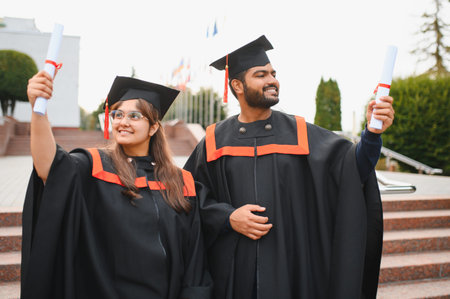 Indian university students in graduation cap and gown holding diplomas, celebrating their academic achievementの写真素材