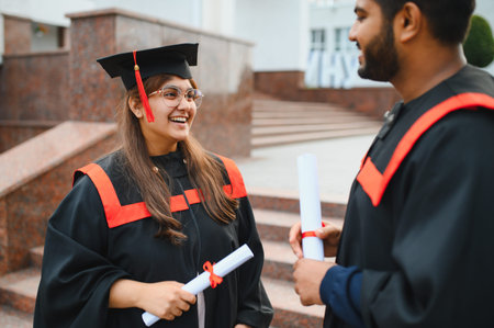 Two happy Indian university students in graduation gowns holding diplomas. Celebrating academic achievement and future successの写真素材