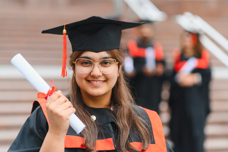 Young Indian woman celebrating academic achievement, smiling and holding a rolled diploma. Graduates stand in the backgroundの写真素材