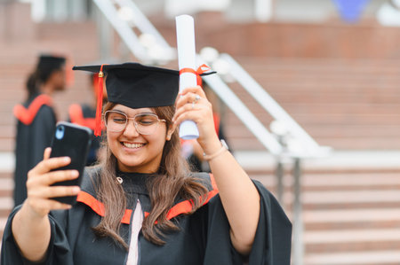 Happy indian university graduate celebrating academic achievement, taking a selfie with a smartphone and diplomaの写真素材