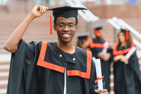 Smiling male student feeling proud, wearing a black cap and gown, holding a university diploma scrollの写真素材
