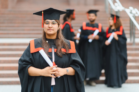 Indian woman in a cap and gown holding her diploma, celebrating graduation with other students on campusの写真素材
