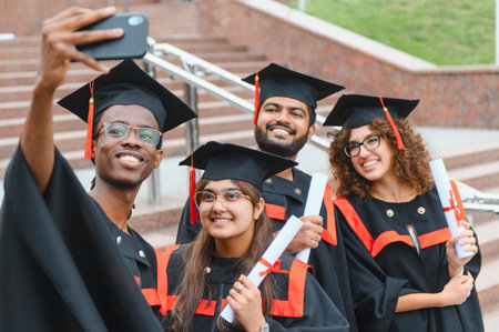 Group of diverse university graduates wearing caps and gowns, holding diplomas, and smiling while taking a celebratory selfieの写真素材