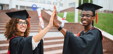 Happy diverse students in graduation caps and gowns celebrating success, high fiving with diplomas after finishing universityの写真素材