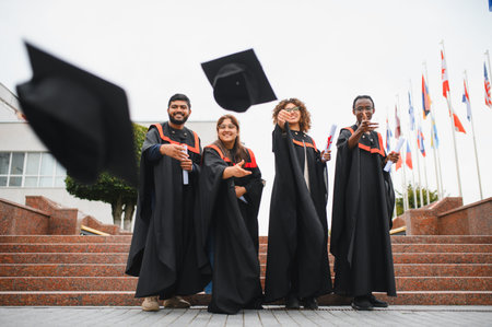 Group of happy diverse university graduates throwing their caps in the air, celebrating academic achievement and successの写真素材