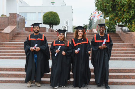 Four diverse students smiling, wearing graduation caps and gowns, holding diplomas, standing outdoors on university steps after ceremonyの写真素材