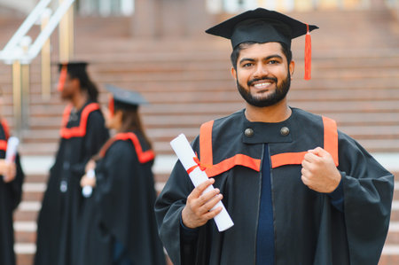 Happy Indian student celebrating graduation ceremony, wearing academic dress and cap, feeling successの写真素材