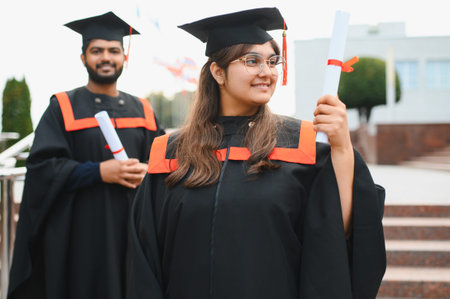 Two Indian university graduates stand outdoors in academic dress, holding diplomas, representing education, achievement, and future careerの写真素材