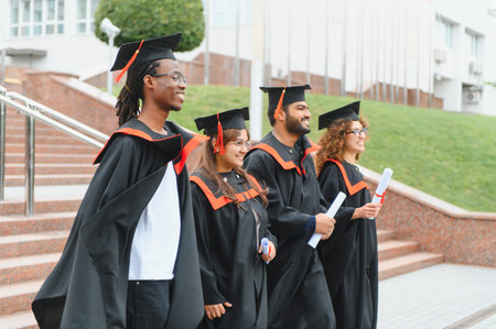 Diverse group of smiling university graduates walking outdoors, wearing academic caps and gowns, holding scroll diplomasの写真素材