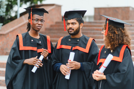 Group of multi ethnic students wearing academic gowns and caps, holding diplomas on their graduation day at universityの写真素材