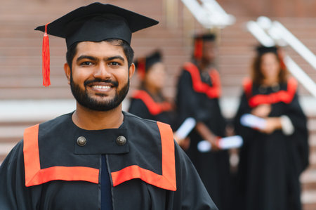 Happy Indian graduate smiling at camera, wearing cap, gown, and red tassel. Friends growing in backgroundの写真素材