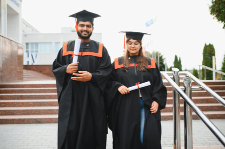 Indian university graduates celebrating academic success, holding diplomas, ready for future career opportunitiesの写真素材