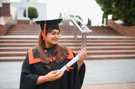 Indian woman graduate celebrating academic achievement, holding her diploma outdoors in front of university stepsの写真素材