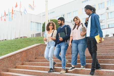 Group of multicultural college students with books and backpacks walking down granite stairs on university campus, studying and friendshipの写真素材