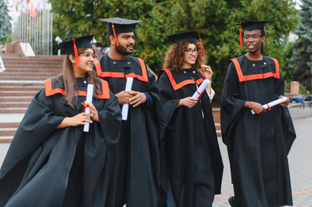 Diverse group of recent graduates wearing academic dress and caps, holding diplomas on university campusの写真素材