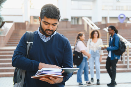 Indian male student holding textbooks and looking down, preparing for studies with other college students in the backgroundの写真素材