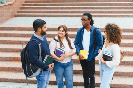 Diverse university students talking and smiling on campus stairs, carrying books and backpacks. Showing friendship, education, and learningの写真素材
