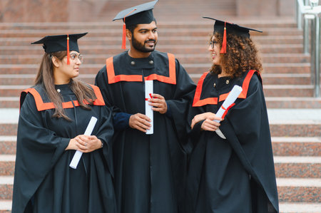 Diverse students celebrating graduation, holding diplomas and wearing caps and gowns on university stepsの写真素材