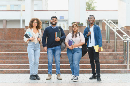 Diverse group of young adult students standing in front of a modern university building, holding books and backpacksの写真素材