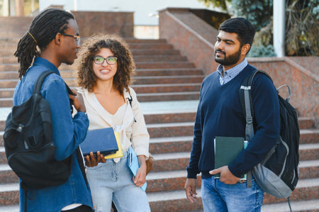 Diverse students talking and walking on university campus stairs, preparing for classes and collaborating on educationの写真素材