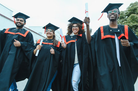 Diverse group of happy university students in gowns and caps celebrating academic achievement and a future careerの写真素材