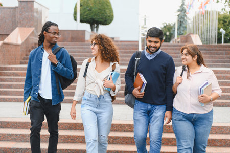 Group of multi ethnic students walking down university stairs, carrying books and backpacks, engaged in conversation on campusの写真素材