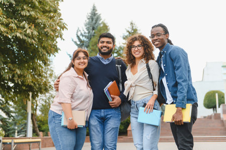 Happy young students from different cultures smiling, holding books and backpacks on a university campusの写真素材