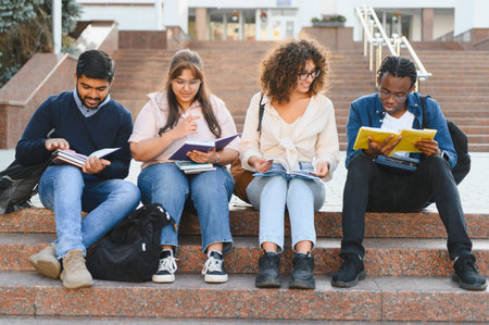 Group of multi ethnic students sitting on university stairs, reading books and studying outdoors. Learning and education conceptの写真素材