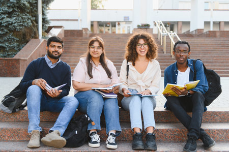 Group of young adult college students from different ethnicities sitting on university stairs, holding books, and smilingの写真素材