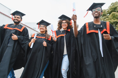 Group of smiling multi ethnic graduates wearing cap and gown, proudly showing diplomas after their university graduation ceremonyの写真素材