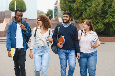 Multiracial group of university students walking on campus with backpacks and books, smiling and chatting about their studiesの写真素材
