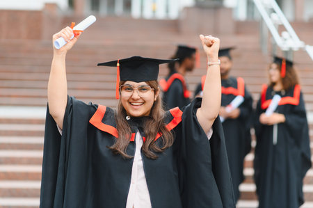Happy Indian female student raising her diploma and fist, celebrating academic success and future career on graduation dayの写真素材