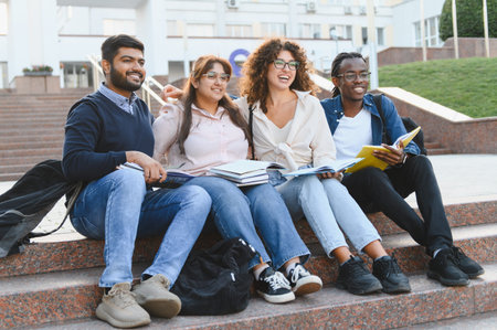 Diverse group of smiling students sitting on university campus steps, holding books and enjoying their time outdoorsの写真素材