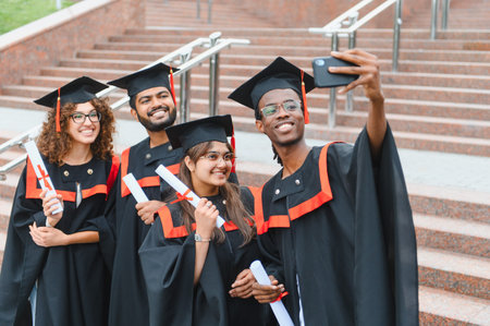 Group of happy diverse graduating university students in black gowns and caps, holding diplomas and taking a selfieの写真素材