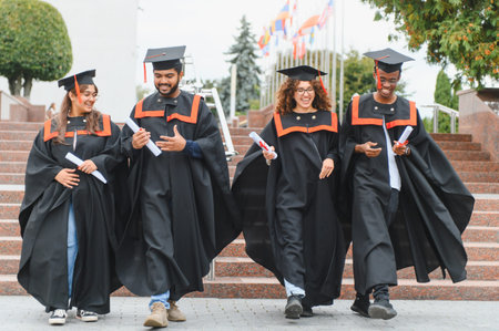 Group of happy diverse university graduates walking outdoors, holding diplomas and wearing academic gowns and caps after ceremonyの写真素材