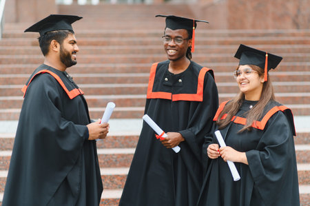 Three smiling diverse students in academic dress holding scrolls, celebrating their university graduation achievement togetherの写真素材