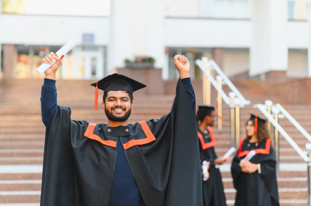 Indian university graduate man cheering, holding diploma, celebrating academic success and future careerの写真素材