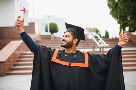 Smiling Indian male student celebrating graduation, holding diploma high with joy. Representing academic success and future opportunitiesの写真素材