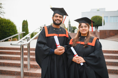 Two proud Indian university graduates in cap and gown standing outdoors, celebrating academic achievement and a bright futureの写真素材