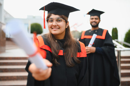 Indian female student smiling, showing diploma with a male graduate blurred in background, celebrating education successの写真素材
